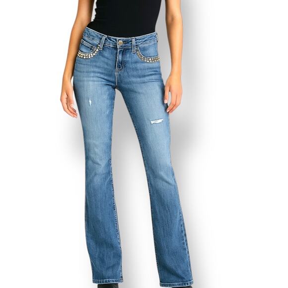 Y2K Express Stella Boot Cut Low Rise Studded Distressed Blue Jeans Medium Wash - Picture 1 of 14